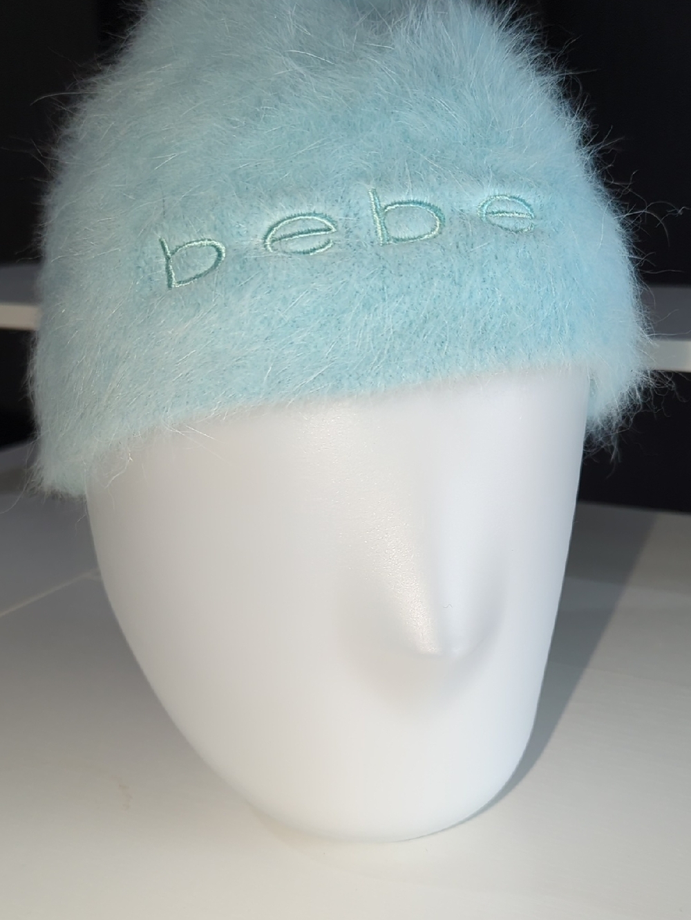 bebe Angora Knit Beanie Hat in Light Turquoise Blue